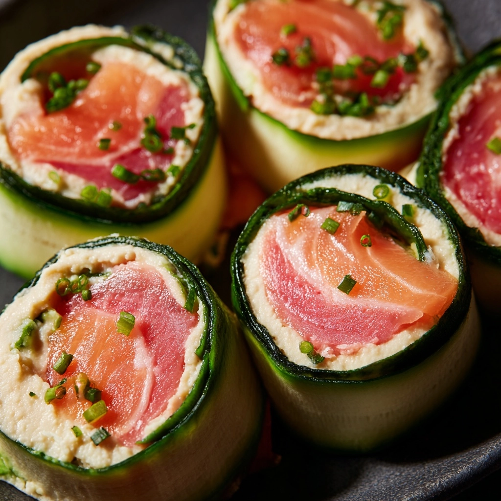Smoked Salmon Roll-Ups with Cucumber and Hummus Recipe - Recipe Image
