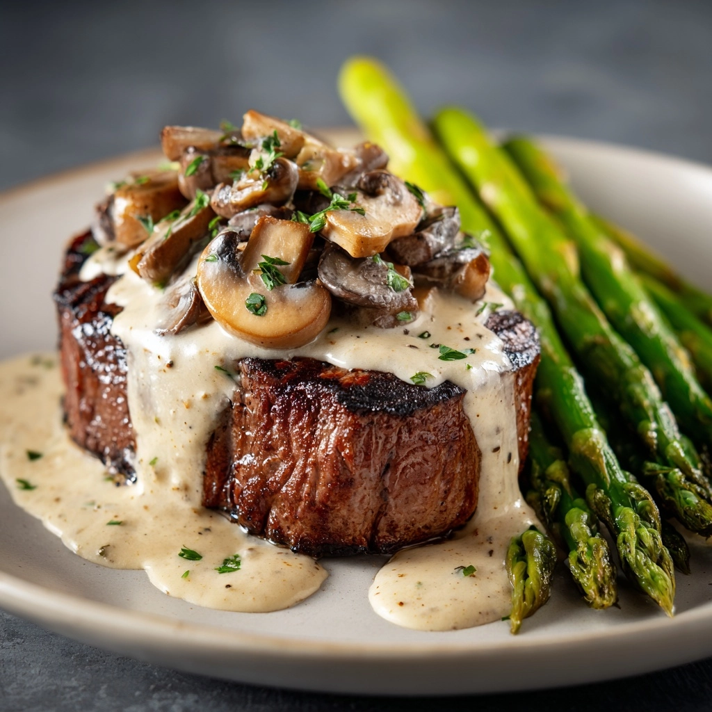 Steak with Creamy Mushroom Sauce & Asparagus Recipe - Recipe Image