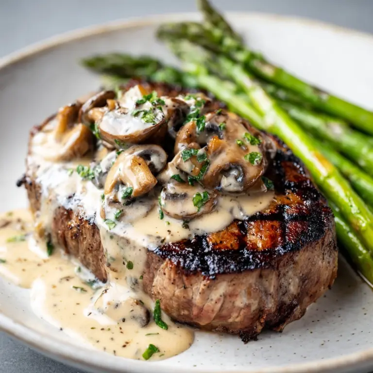 Steak with Creamy Mushroom Sauce & Asparagus Recipe
