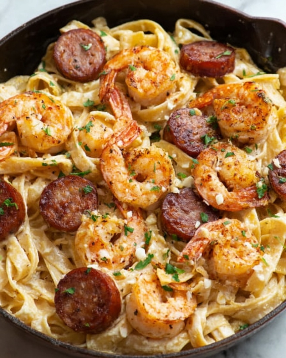 Garlic Butter Shrimp and Sausage Skillet Pasta Recipe - Recipe Image