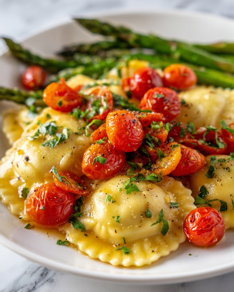 Ravioli with Tomatoes, Asparagus, Garlic, and Herbs Recipe - Recipe Image