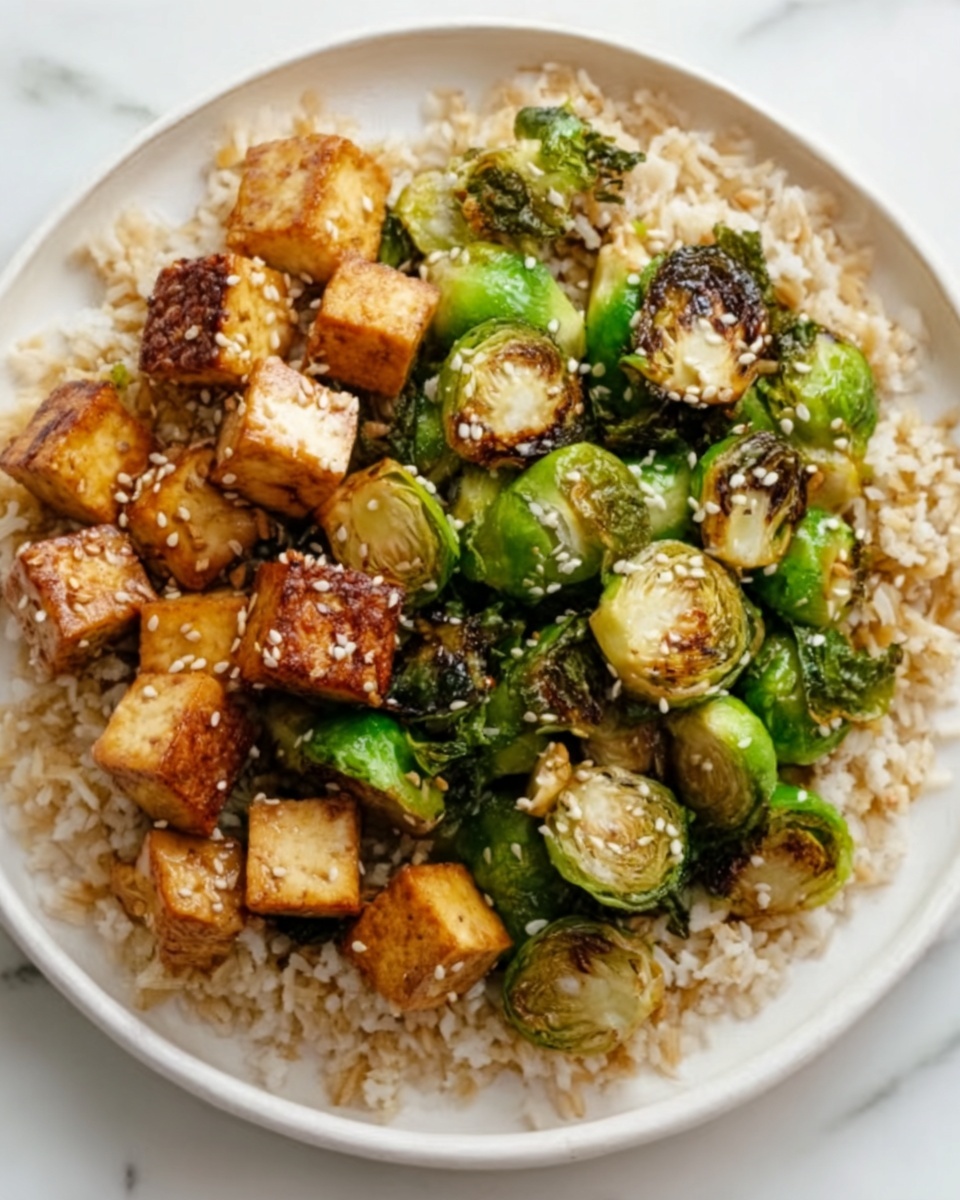 Roasted Brussels Sprouts and Crispy Tofu with Honey-Sesame Glaze Recipe - Recipe Image