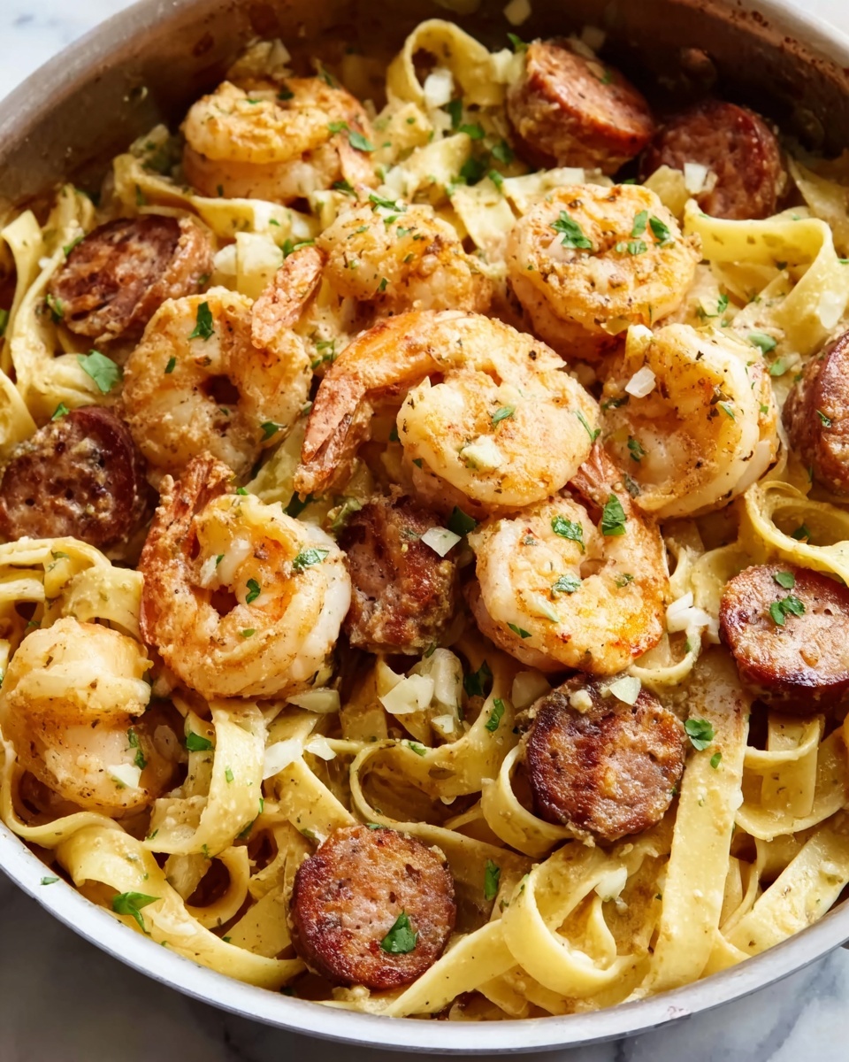 Garlic Butter Shrimp and Sausage Skillet Pasta Recipe - Recipe Image