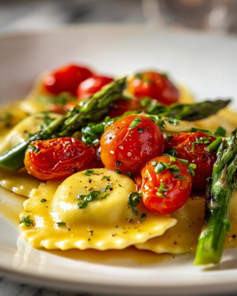 Ravioli with Tomatoes, Asparagus, Garlic, and Herbs Recipe