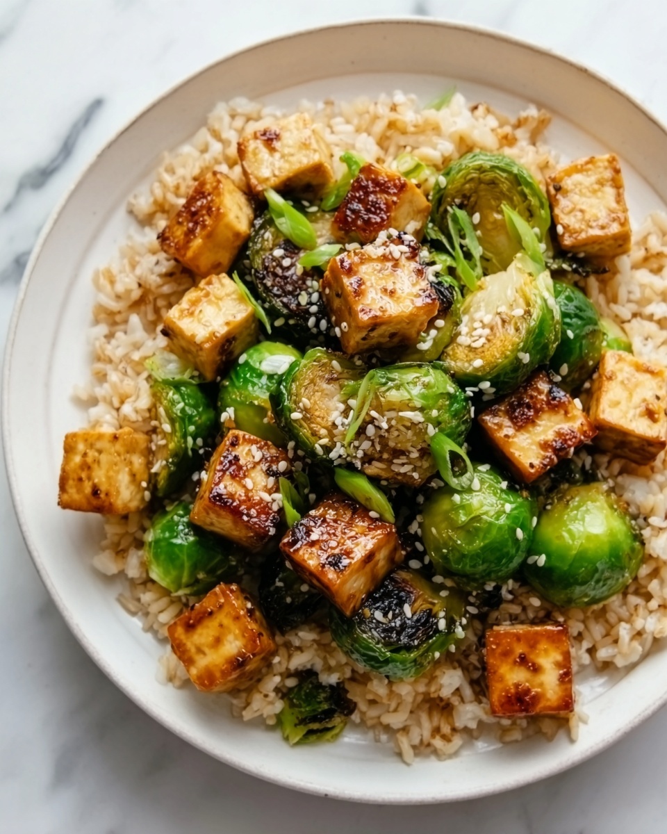 Roasted Brussels Sprouts and Crispy Tofu with Honey-Sesame Glaze Recipe - Recipe Image