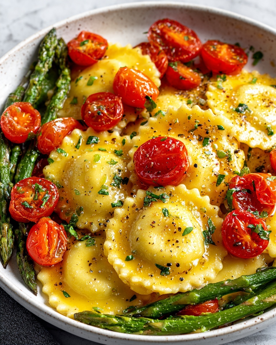 Ravioli with Tomatoes, Asparagus, Garlic, and Herbs Recipe - Recipe Image