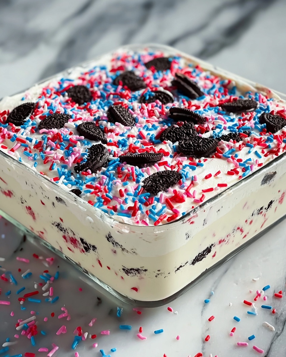 No Bake Fireworks Oreo Cheesecake Bars Recipe - Recipe Image