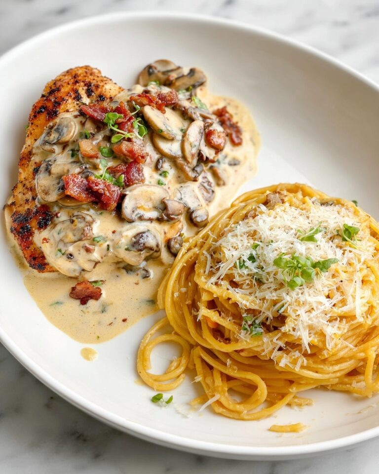 Creamy Chicken Riseling with Bacon and Mushrooms over Parmesan Pasta Recipe