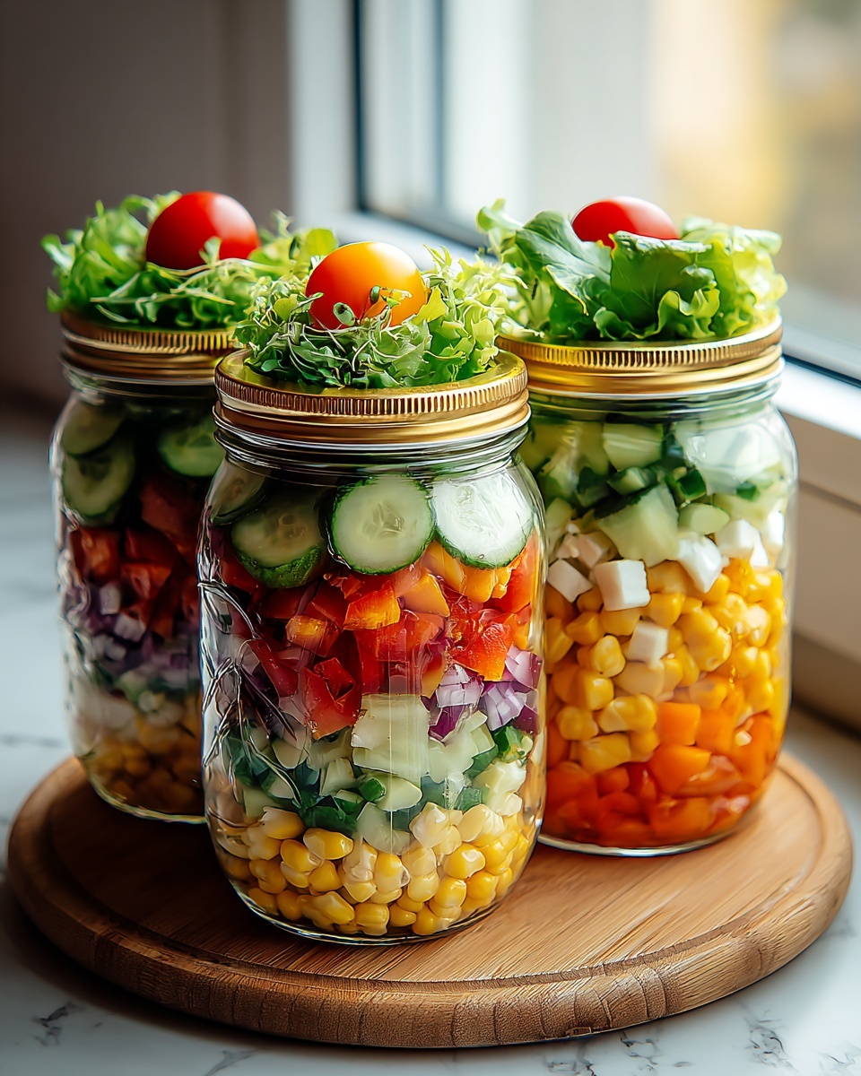 Layered Salad Jars with Greens, Vegetables, Protein, and Grains Recipe - Recipe Image
