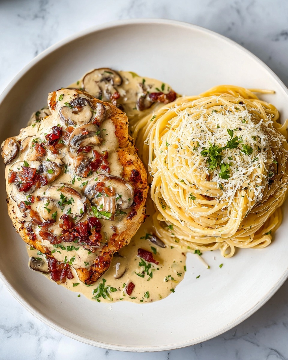 Creamy Chicken Riseling with Bacon and Mushrooms over Parmesan Pasta Recipe - Recipe Image