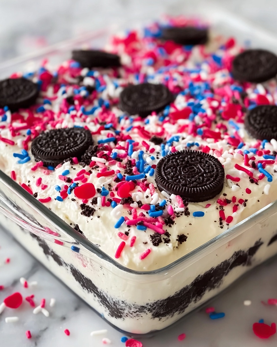 No Bake Fireworks Oreo Cheesecake Bars Recipe - Recipe Image