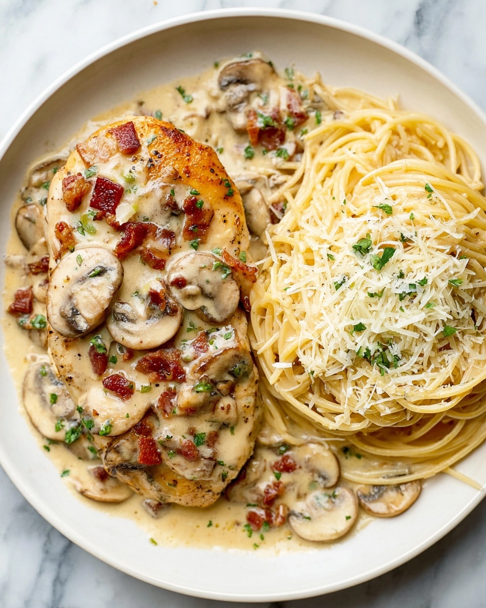 Creamy Chicken Riseling with Bacon and Mushrooms over Parmesan Pasta Recipe - Recipe Image
