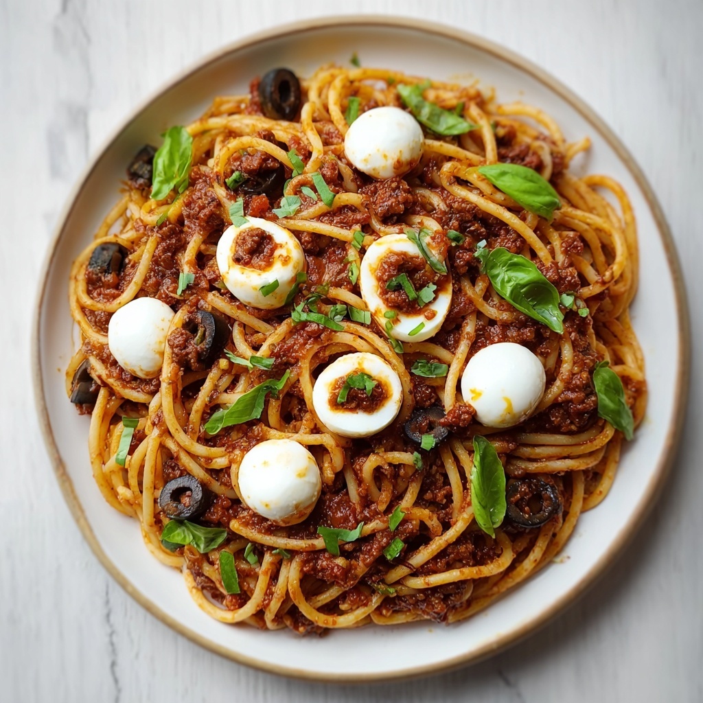 Bloody Spaghetti with Mozzarella Eyeballs Recipe - Recipe Image