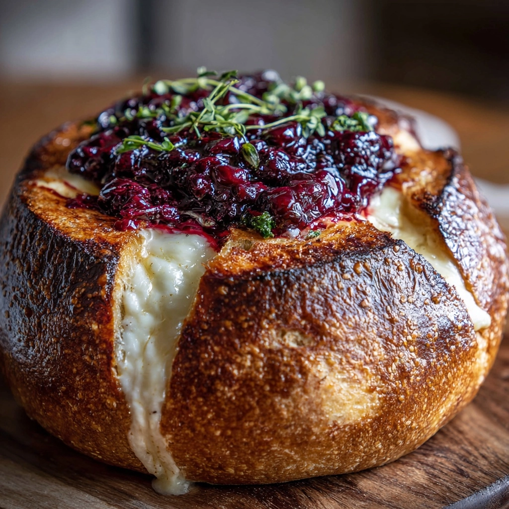 Garlic Herb Sourdough Bread Stuffed with Brie and Cranberry Sauce Recipe - Recipe Image