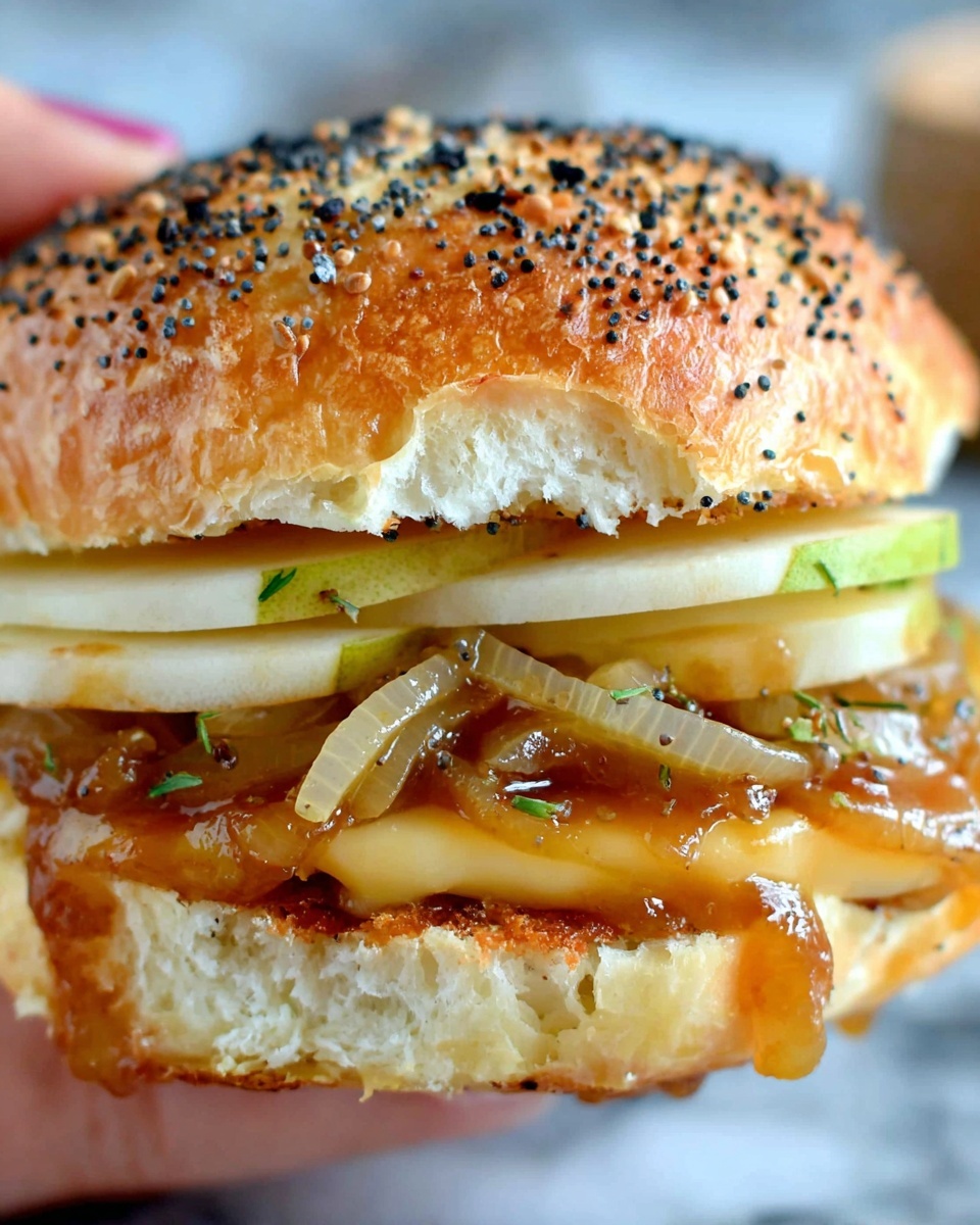 Pear Apple Cheddar Caramelized Onion Grilled Cheese Bagel Sandwich Recipe - Recipe Image