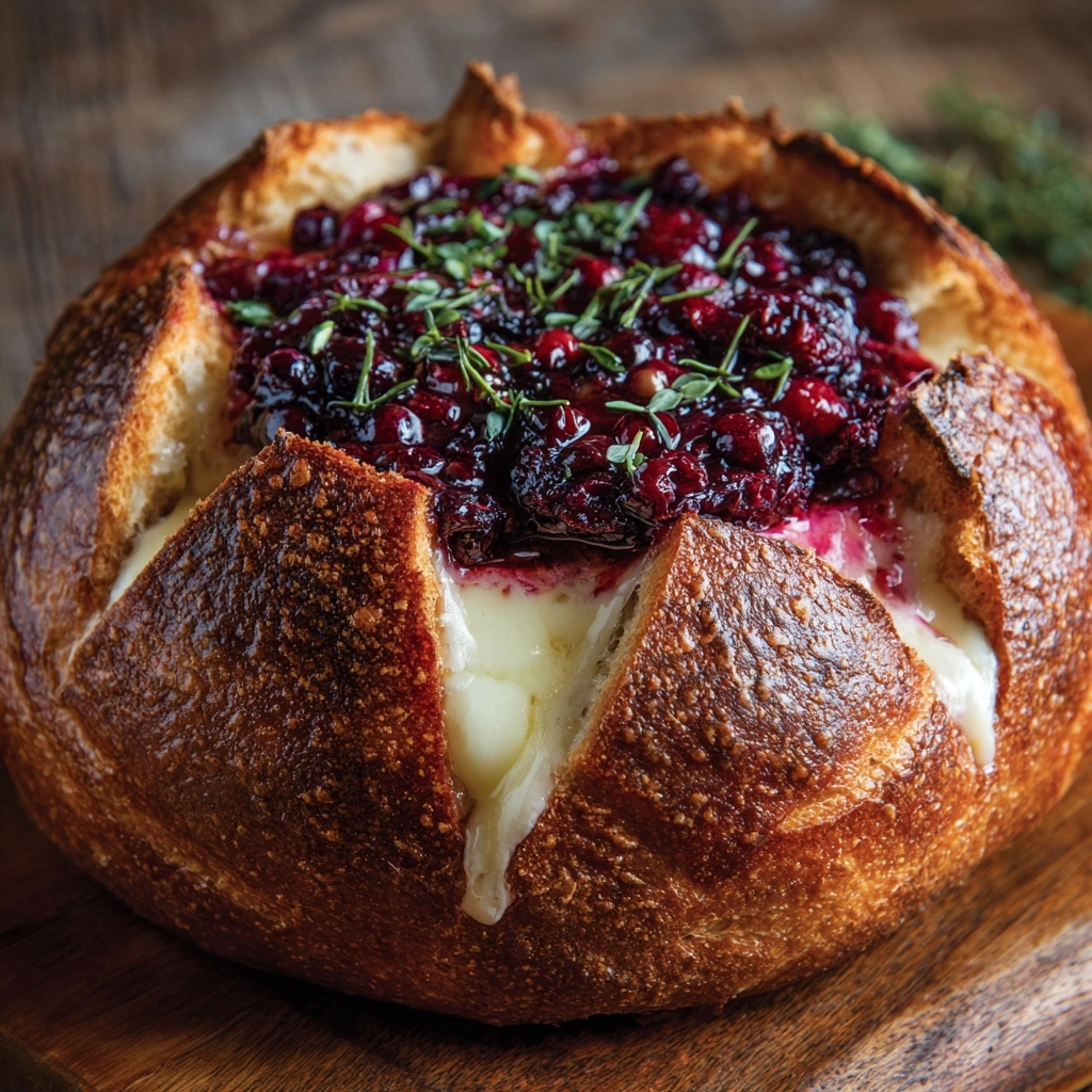 Garlic Herb Sourdough Bread Stuffed with Brie and Cranberry Sauce Recipe - Recipe Image