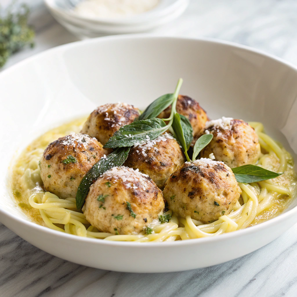 Baked Sage Chicken Meatballs with Parmesan Orzo Recipe - Recipe Image