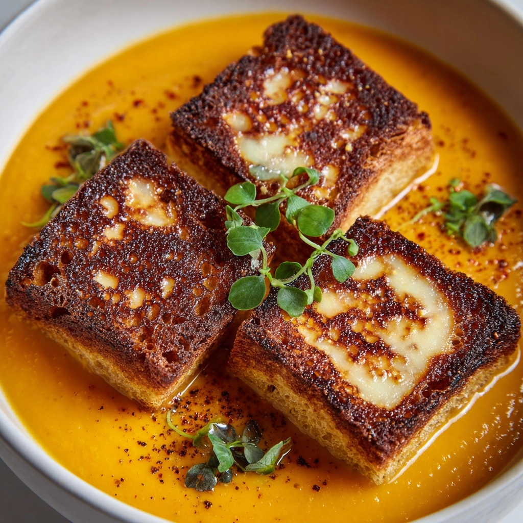 Spicy Pumpkin Soup with Grilled Cheese Croutons Recipe - Recipe Image