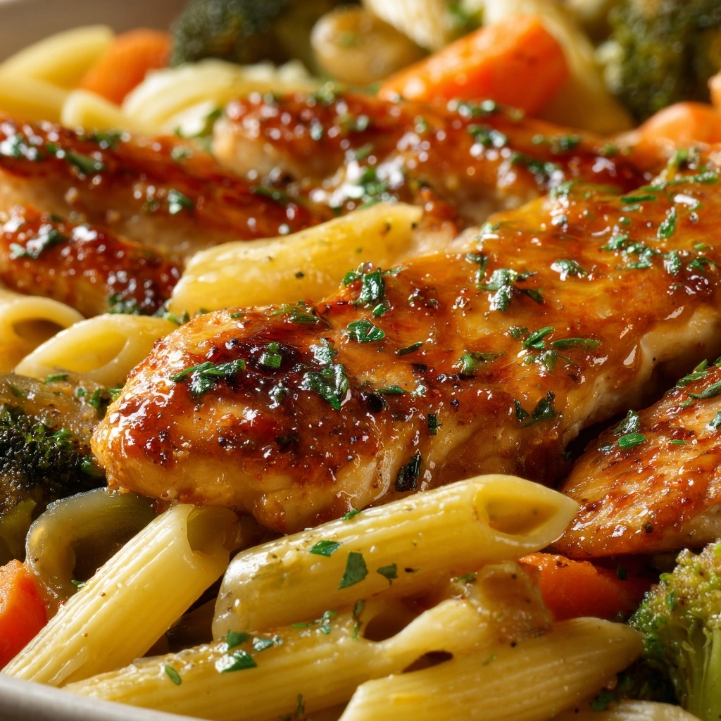 Honey Garlic Chicken with Roasted Veggie Penne Recipe - Recipe Image