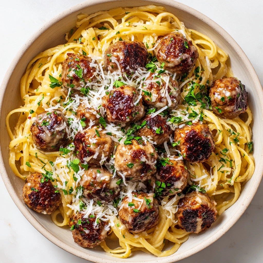 Easy Garlic Butter Meatballs Served Over Creamy Parmesan Linguine Recipe - Recipe Image