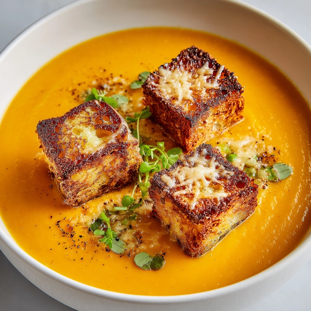 Spicy Pumpkin Soup with Grilled Cheese Croutons Recipe - Recipe Image
