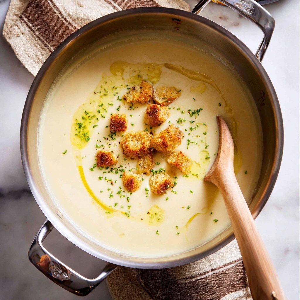 Creamy Celeriac and Potato Soup with Herb Sachet and Crispy Croutons Recipe - Recipe Image