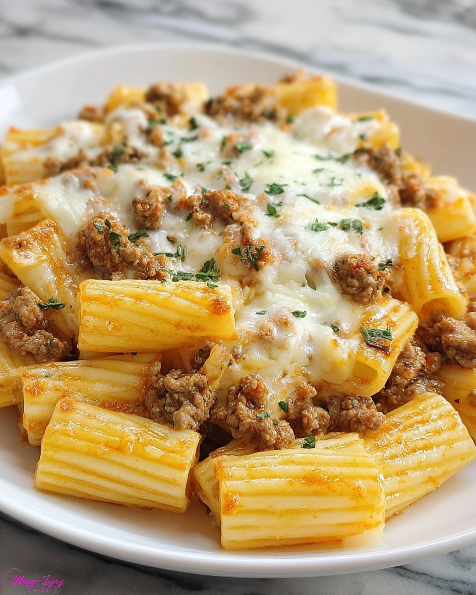 Creamy Cheesy Garlic Butter Rigatoni with Savory Beef Recipe - Recipe Image