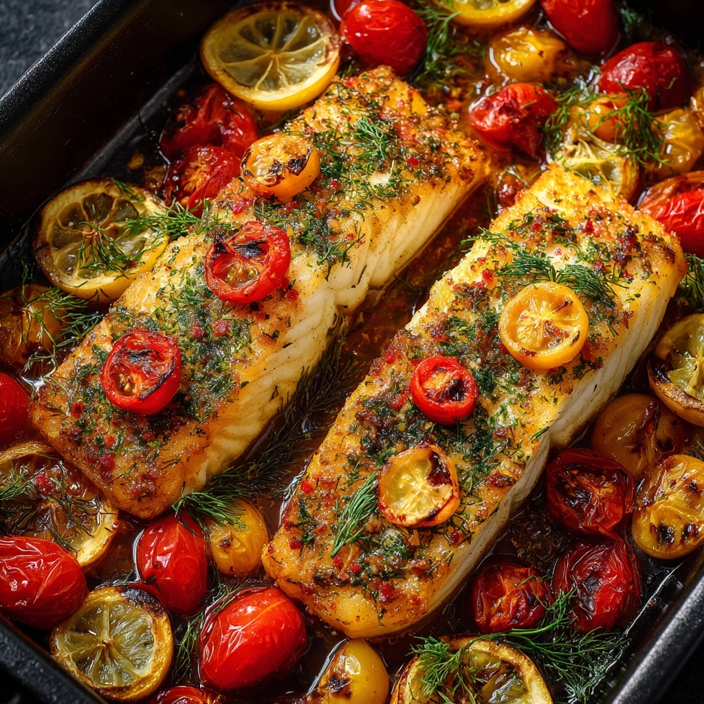 Mediterranean Baked Fish with Cherry Tomatoes, Olives, and Lemon Recipe - Recipe Image