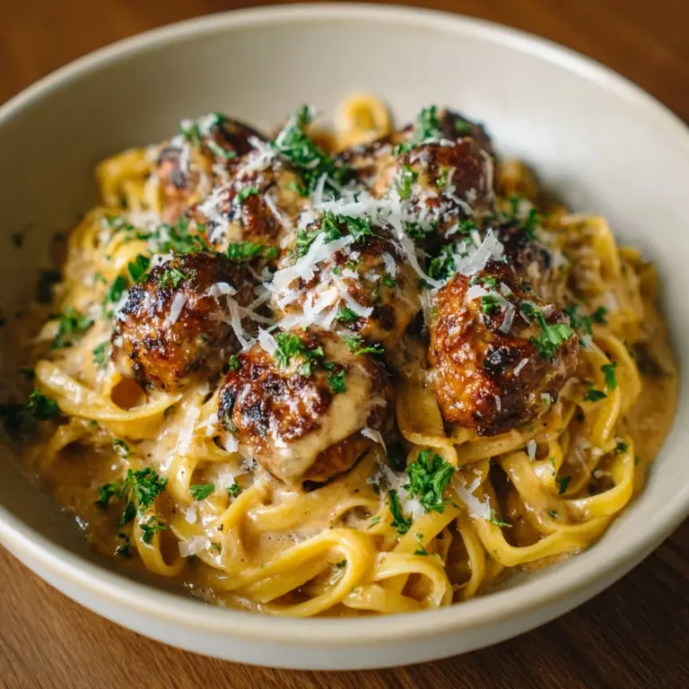 Easy Garlic Butter Meatballs Served Over Creamy Parmesan Linguine Recipe