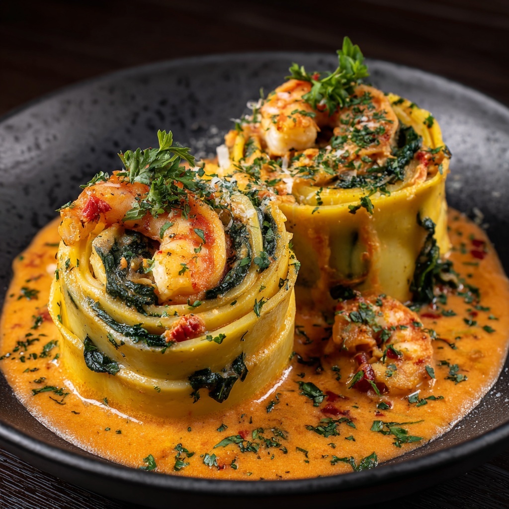 Shrimp & Spinach Stuffed Pasta Rolls with Roasted Red Pepper Cream Sauce Recipe - Recipe Image