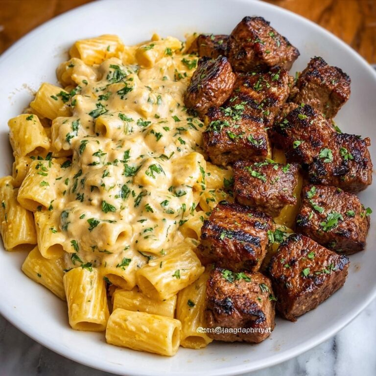 Rigatoni with Garlic Butter Parmesan Cream Sauce and Cajun Steak Tips Recipe