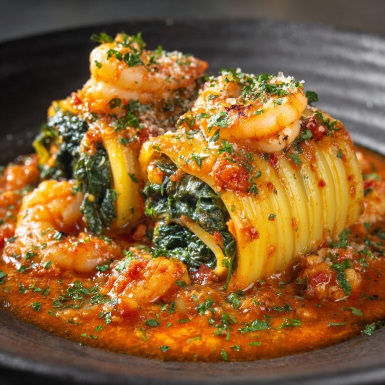 Shrimp & Spinach Stuffed Pasta Rolls with Roasted Red Pepper Cream Sauce Recipe